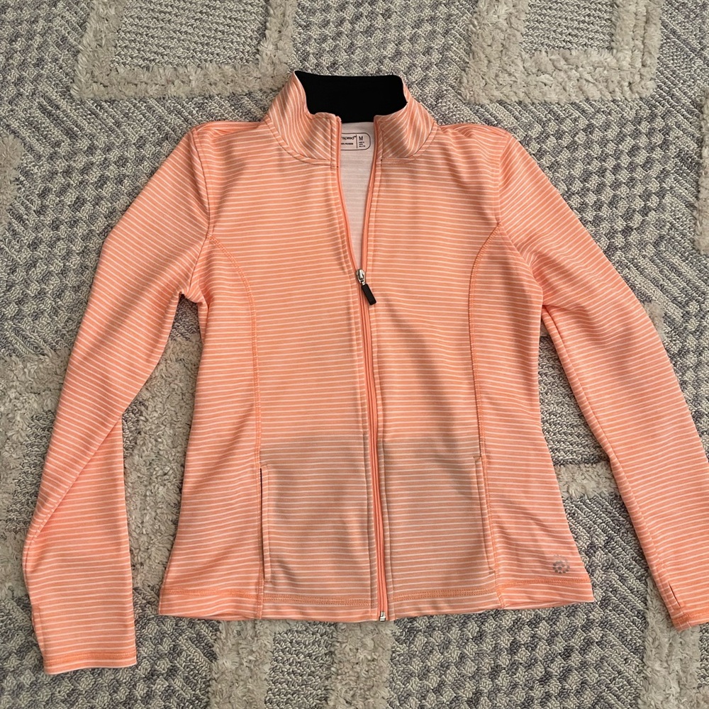 Be Inspired Peach White Stripe Long Sleeve Zipper Zip Up Athletic Active Jacket